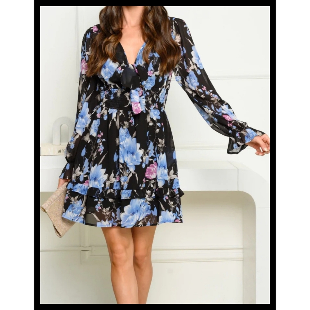 17 Black floral lantern sleeve v-neck tiered chiffon smocked empire mini dress